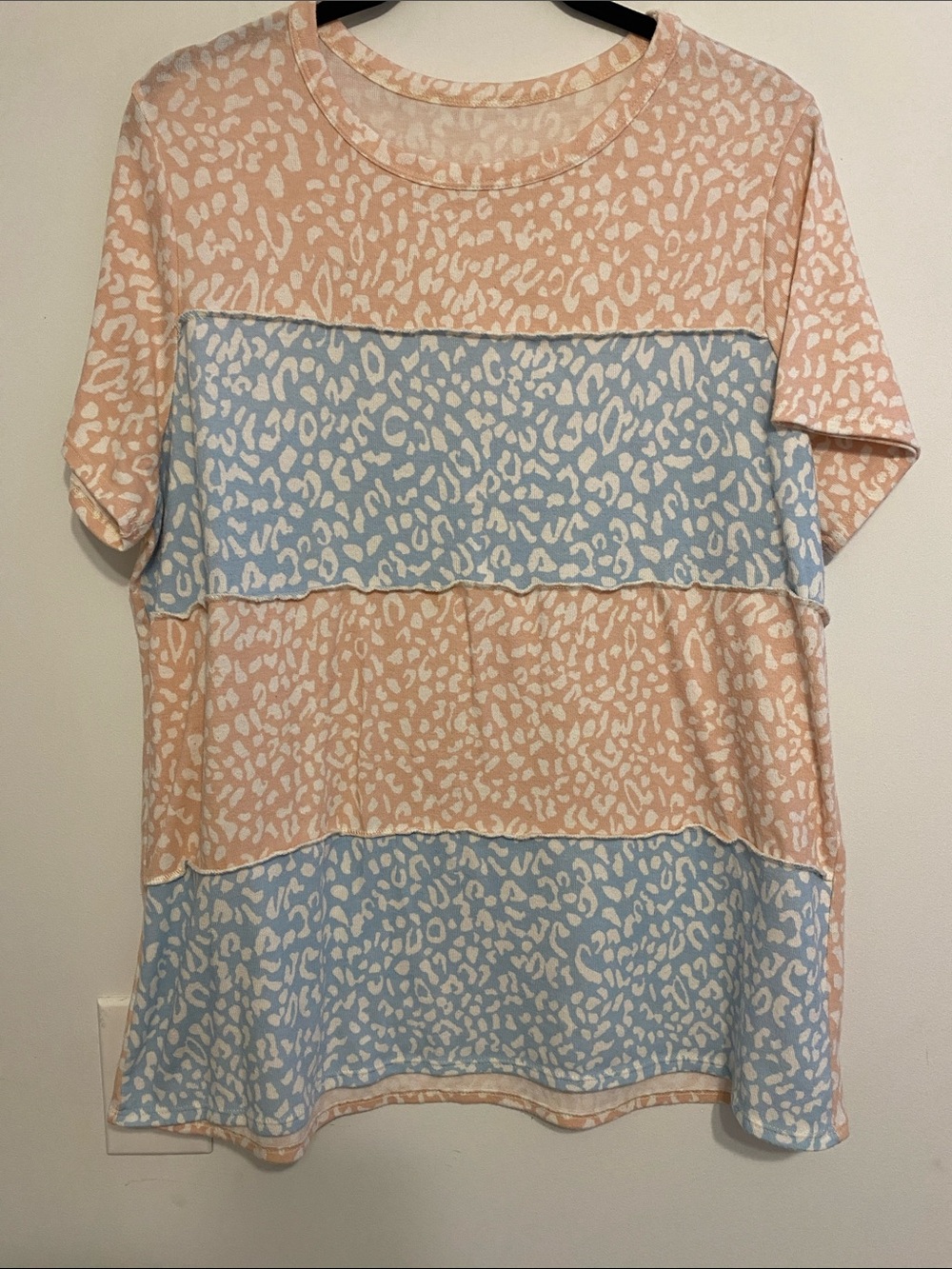 Women’s Pastel Leopard Print Short Sleeve Top - Peach & Light Blue, stretchy